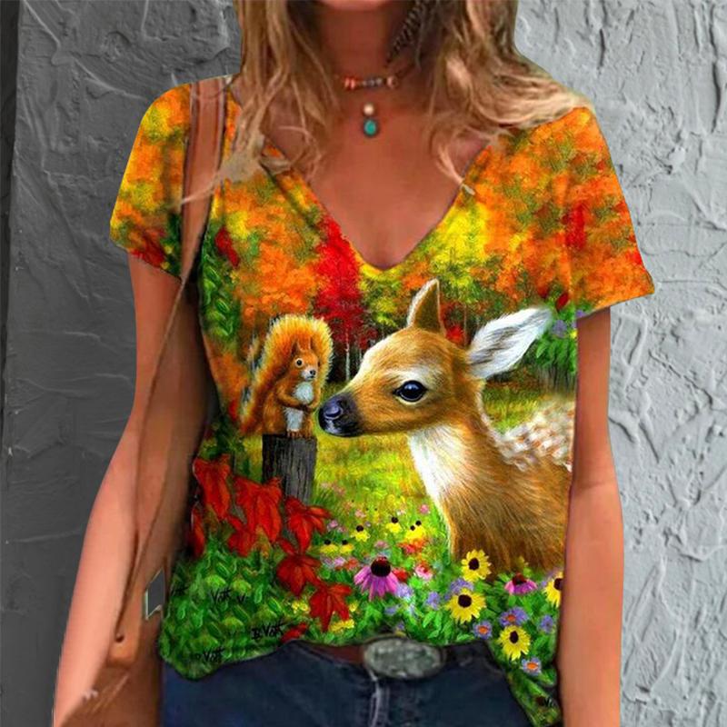 Women Girls Summer Fashion Casual Pullover Tops V-Neck Short Sleeves Print T Shirt