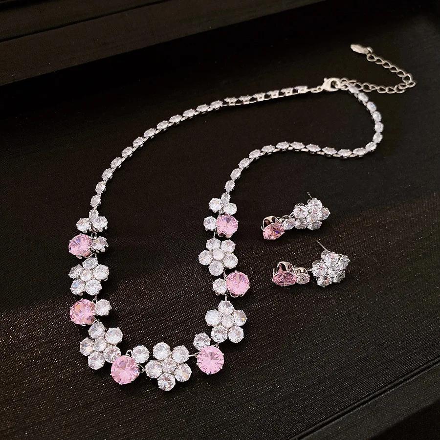 Inlaid Rhinestone Zircon Flower Zircon Sets for Women Exaggerated Sweet Collarbone Chain Light Luxury Necklace Earrings Set