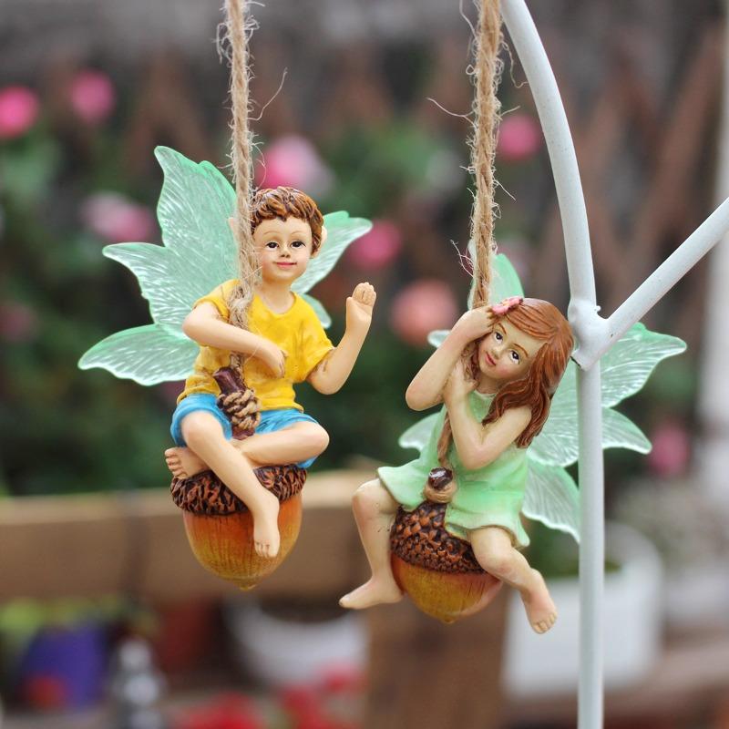 Pinecone Swing, Flower Fairy Garden Pendant, Luminous Fairy Statue, Decorative Resin Handicraft