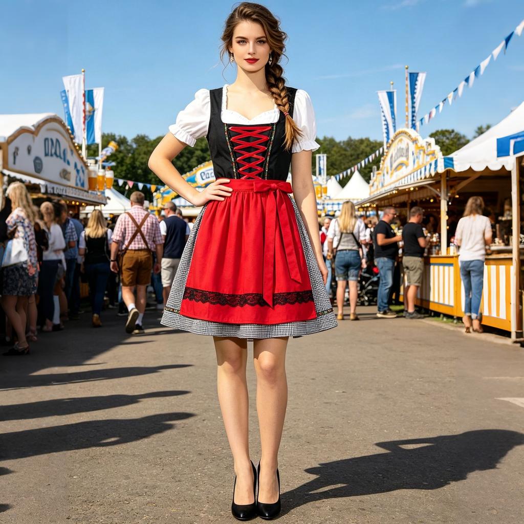 Traditional Oktoberfest Dress for Women Bavarian Beer Festival Costume with Apron Lace-Up Bodice and Puff Sleeves