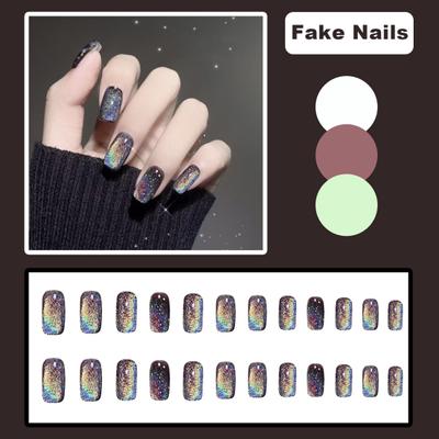 1 Set Donne Ragazze Unghie Press-on Effetto Cat Eye Gel lucido Unghie finte Copertura completa Unghie finte corte Punte per unghie acriliche con colla Kit nail art fai da te