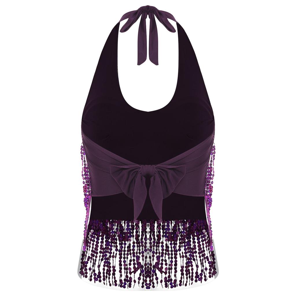 Essential Training Top for Belly Dancers: Supportive Halter Crop Top with Sequins, Lace-up Back & Tassel Details