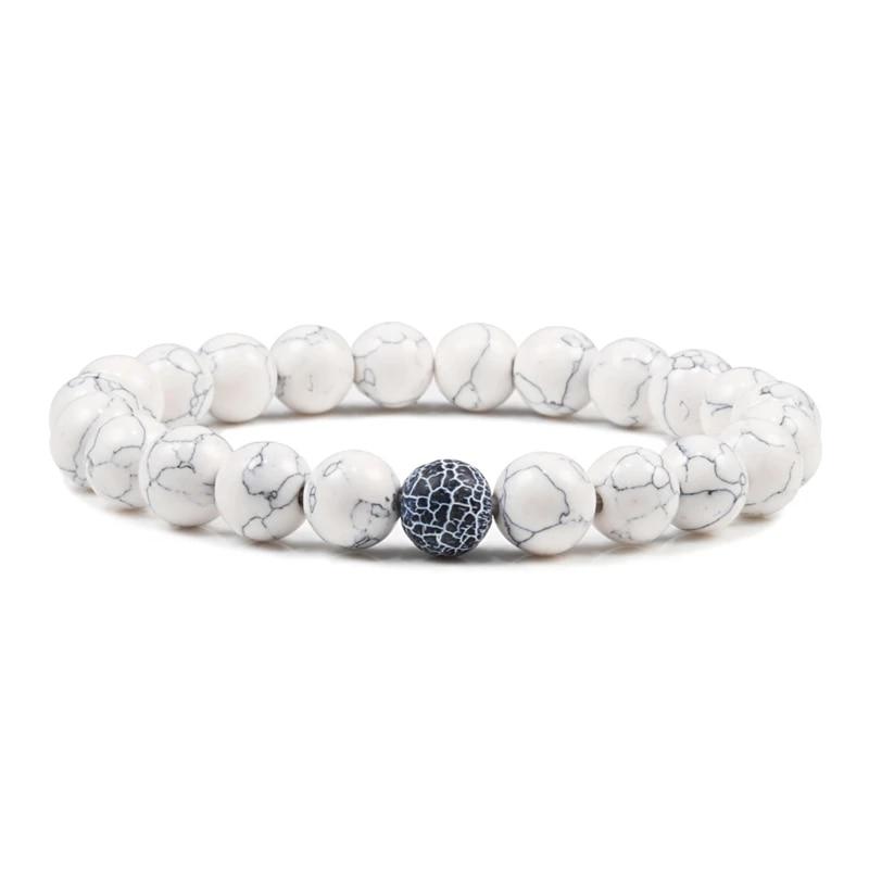 Braccialetti in Pietra Naturale di Alta Qualità Coppia Perline Distanza Pietra di Roccia Lavica Nera Bianco Elasticizzato Ciondolo Braccialetto a Filo Uomo Gioielli