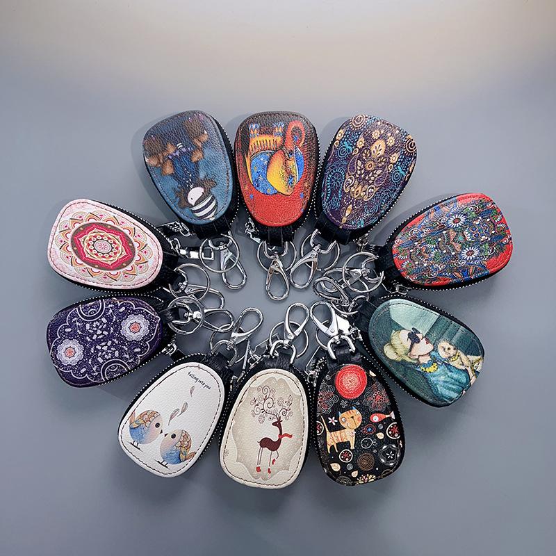 

Женская сумка для ключей из натуральной кожи в стиле ретро-этнического стиля 2023 года с подвеской на молнии и цветным принтом