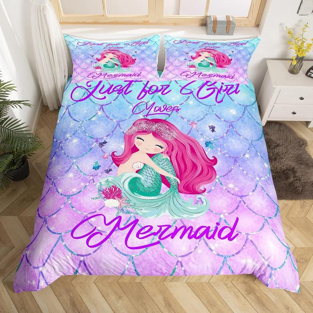 Cute Cartoon Mermaid Duvet Cover Twin Queen Ocean Themed Bedding Set Mermaid Princess Comforter Cover For Kids Girls Room Decor