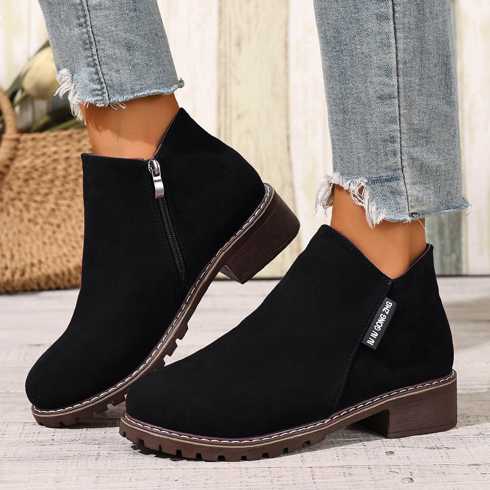 Boots For Women Wide Width Cuff Women S Round Toe Thick Heel Boots Fashionable Casual Solid Color Suede Short Zapatos Para Mujer 36 чёрный