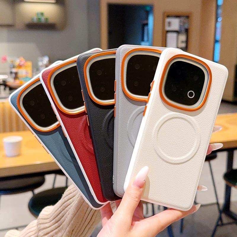 Applicable to iQOO13 mobile phone case, simple plain leather iqoo13 magnetic case, wireless charging iqoo15ultra hard case