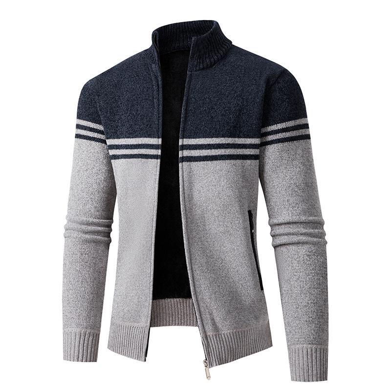 Men's Color Block Stand Collar Knitted Cardigan - Autumn/Winter Plus Velvet Long-Sleeve Sweater