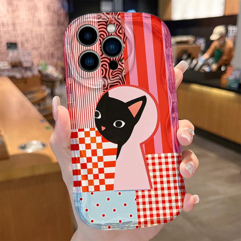 

Collage Red Pink Plaid Cat Wave Phone Case for iPhone 17 Air 16 E 15 14 Plus 13 12 Mini 11 Pro Max Shockproof Soft Covers Funda iPhone 11 Pro
