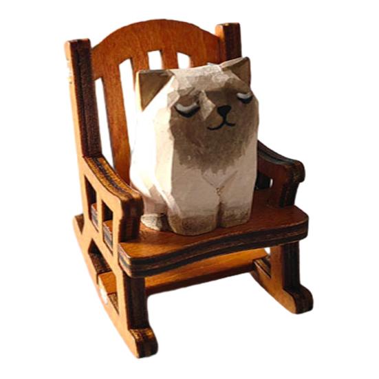 Small Hand-Carved Wooden Animal Figurine Cute Rocking Chair Cat/Dog/Fox Statue for Desk Home Office Decor