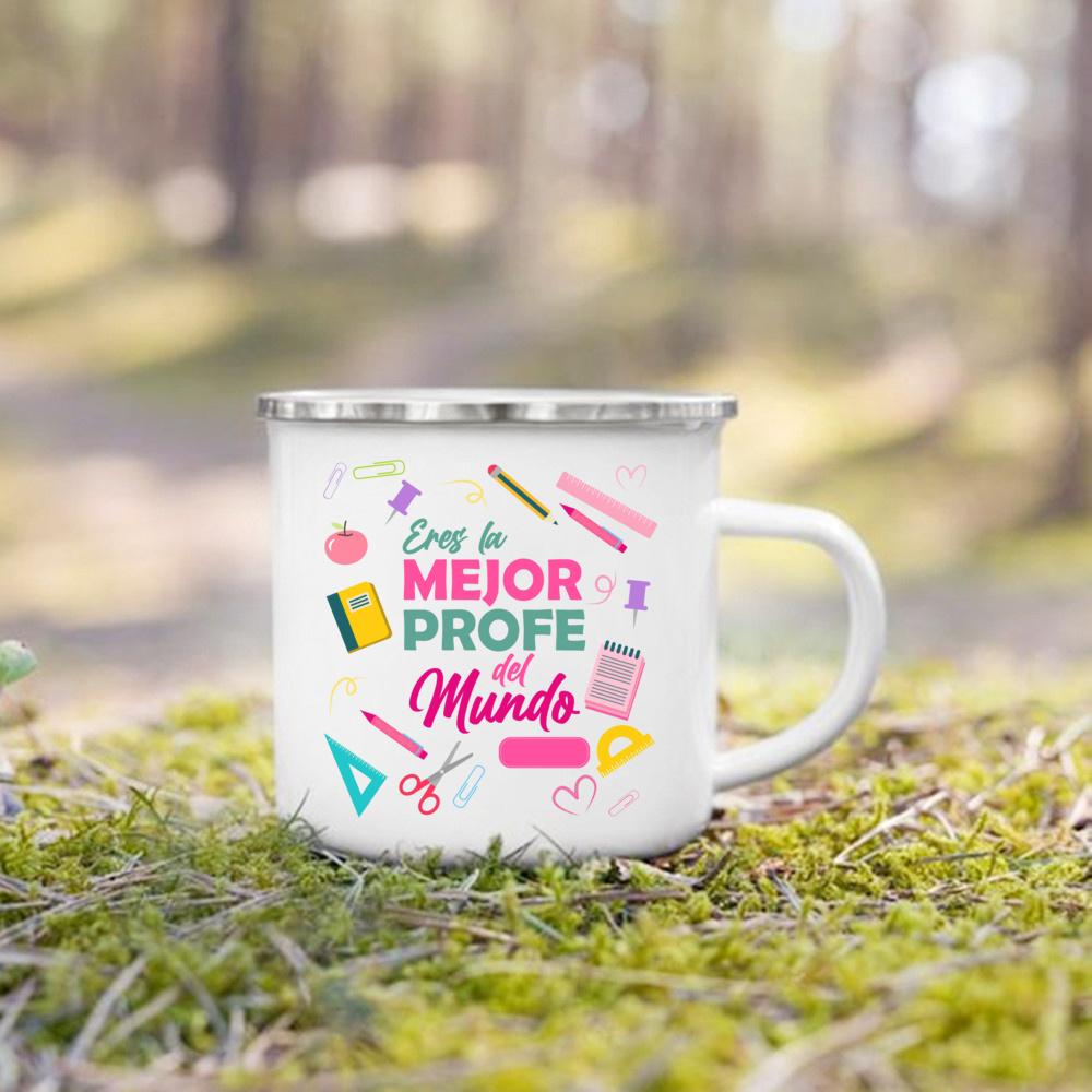 Best Teacher in The World Spanish Printed Mug Creative Coffee Cups Drinks Enamel Cup Vintage Handle Drinkware Gifts for Teacher