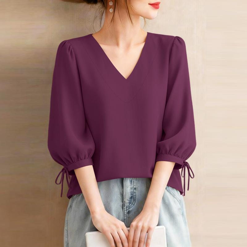 ZANZEA Women Casual V-Neck 3/4 Sleeve Loose Elegant Blouse