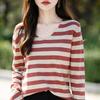 Autumn V-Neck Velvet Knit Pullover: Women's Short Sleeve Striped Sweater, Loose Fit, Korean Style