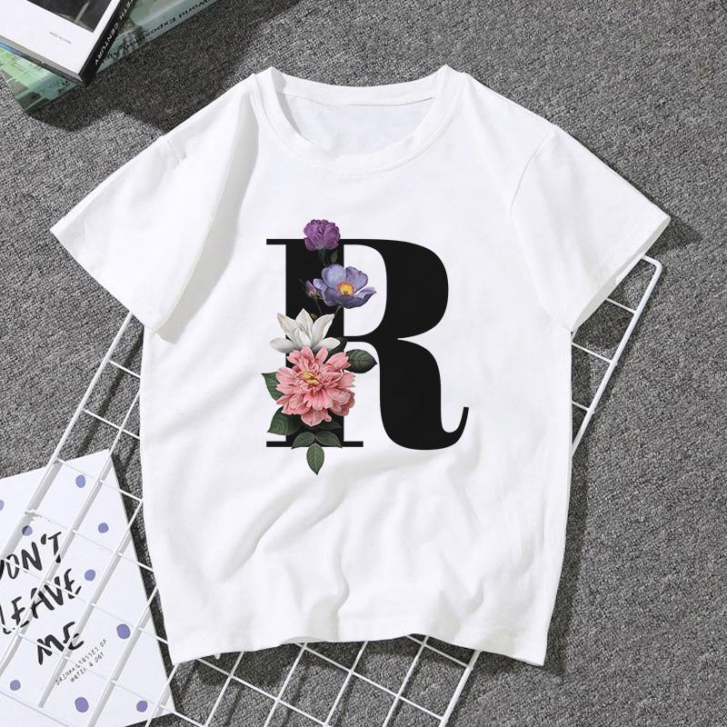 A B C D E English Alphabet Print T Shirt Women Short Sleeve Couples Lovers Female