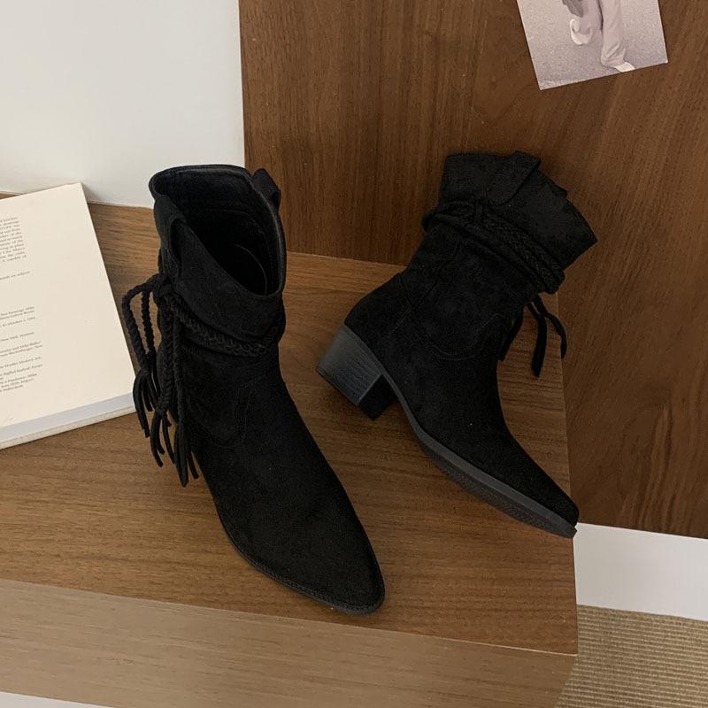 French retro brown short boots women's autumn and winter wasteland wind fringed V-mouth thin thick heel Maillard western cowboy boots