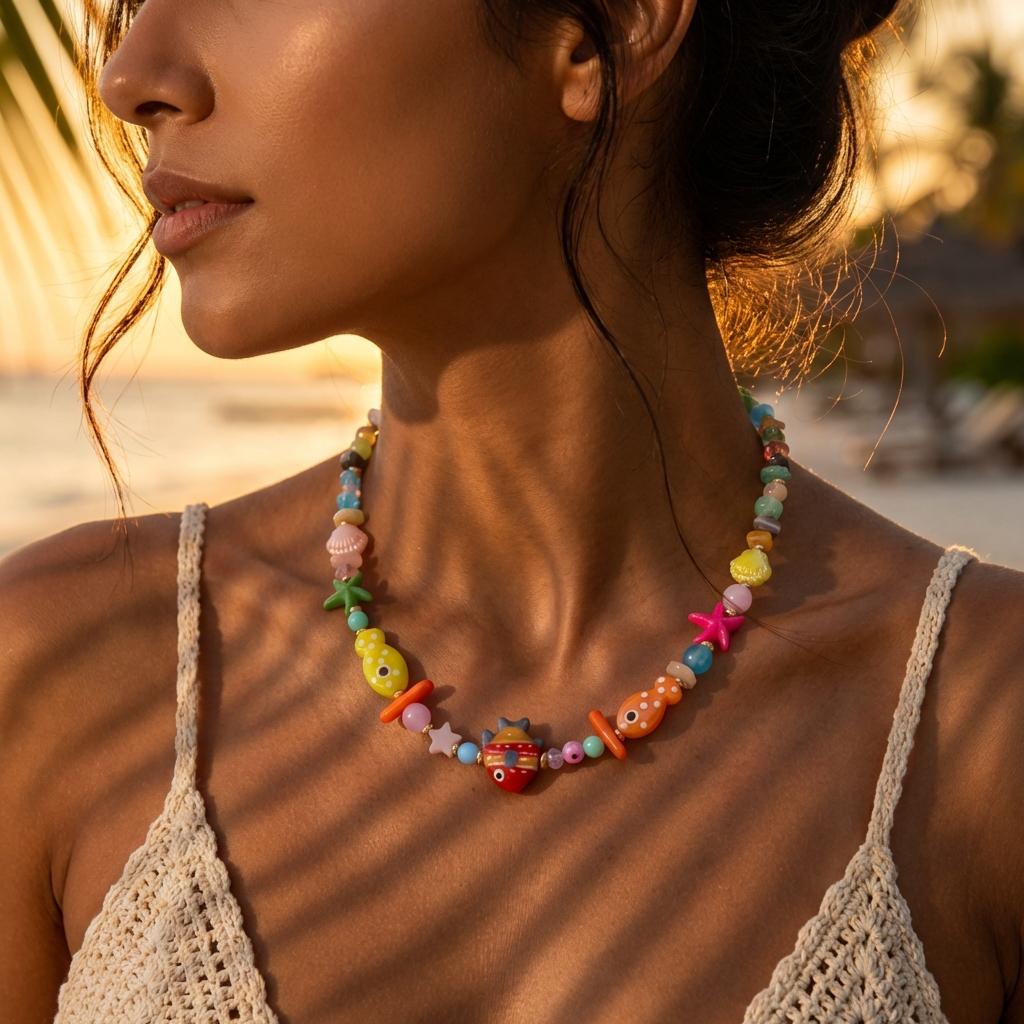 Bohemia Colorful Ceramic Clown Fish Beaded Necklaces for Women Handmade Irregular Gravel Chain Choker Necklace Summer Jewelry