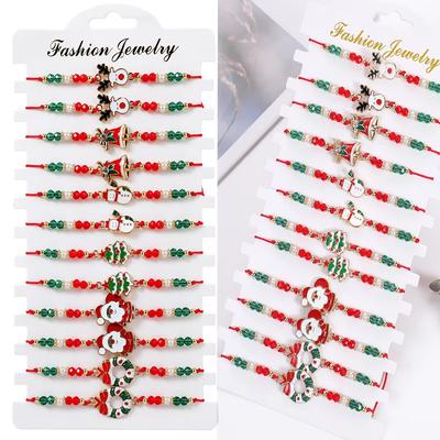 12 Stück Festival Weihnachten Armbänder Imitation Perle Weihnachtsmann Weihnachtsbaum Anhänger Party Schmuck Geschenke für Mädchen Kinder Erwachsene