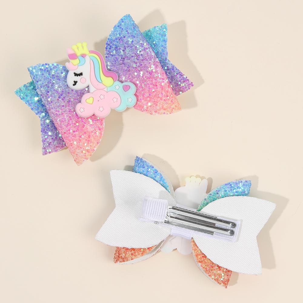 2 Stuks Regenboog Eenhoorn Cartoon Haarclip Kawaii Zoete Pastel Glanzende Strik Haarspeld Voor Meisjes & Kinderen Hoofddeksels Kinderaccessoires