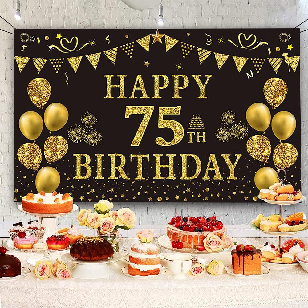 Trgowaul 75th Birthday Backdrop Gold and Black 5.9 X 3.6 Fts Happy Birthday Party Decorations Banner for Women Men Photography Supplies Background