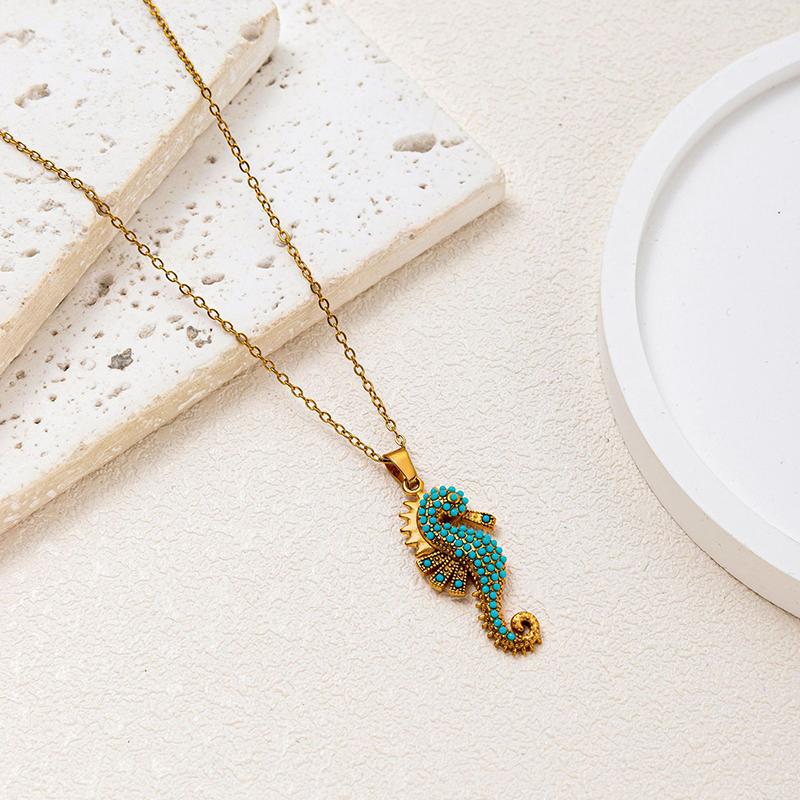 

1PCS Stainless Steel Seahorse Pendant Necklace Turquoise Boho Ocean Jewelry For Women
