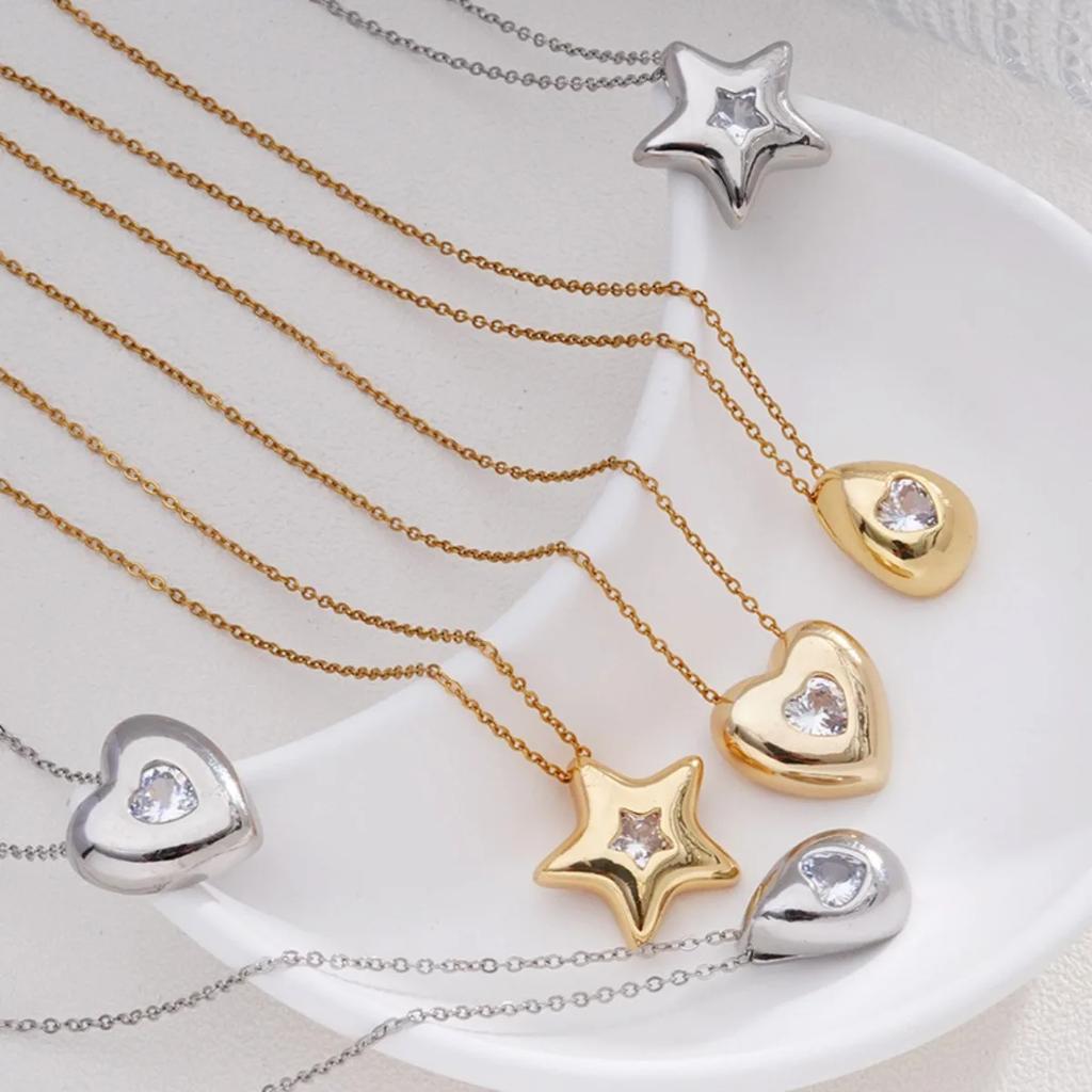 Simple Zircon Heart Star Water Drop Pendant Necklaces for Women Girls Fashion Accessories Stainless Steel Chain Jewelry Gifts