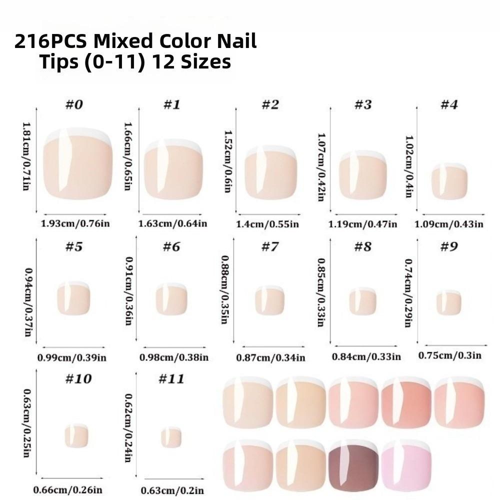 216pcs Glossy Finish Fake Feet Toenails Short Square Shape False Toenails Kit Party Wear