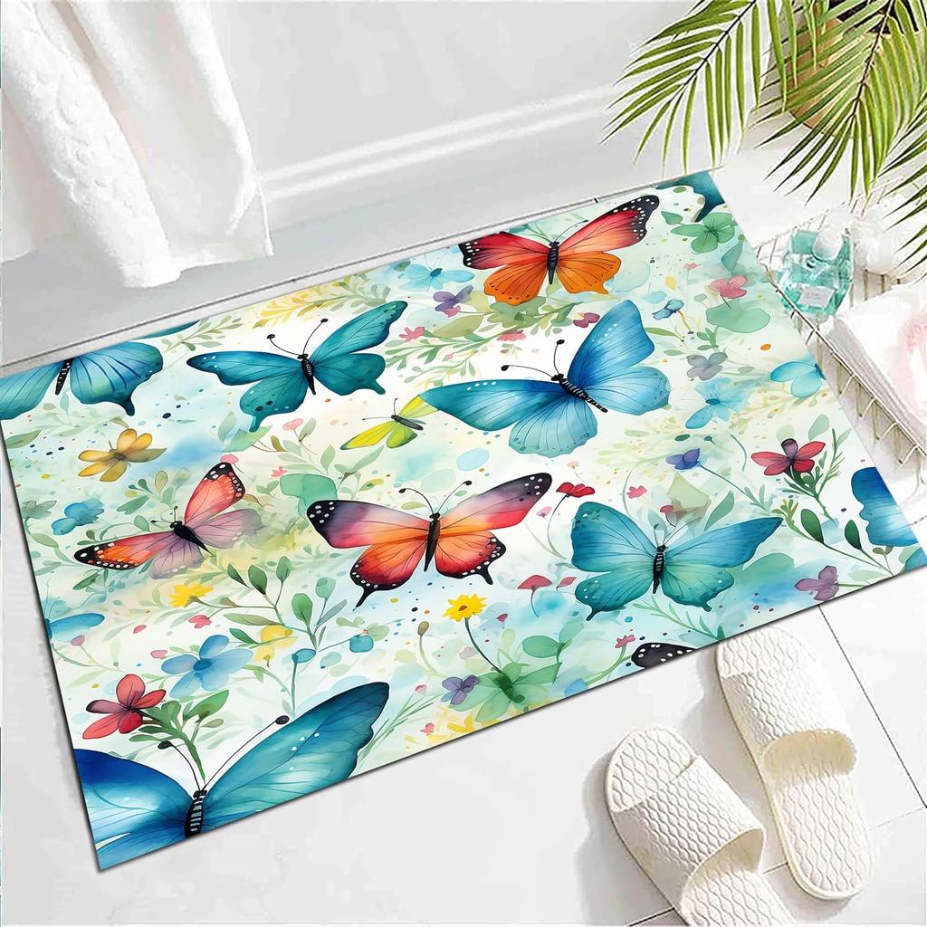 Wild Animal Butterfly Carpet Spring Garden Plant Floral Rug for Bedside Sofa, Botanical Flower Floor Mat Home Entrance Doormat