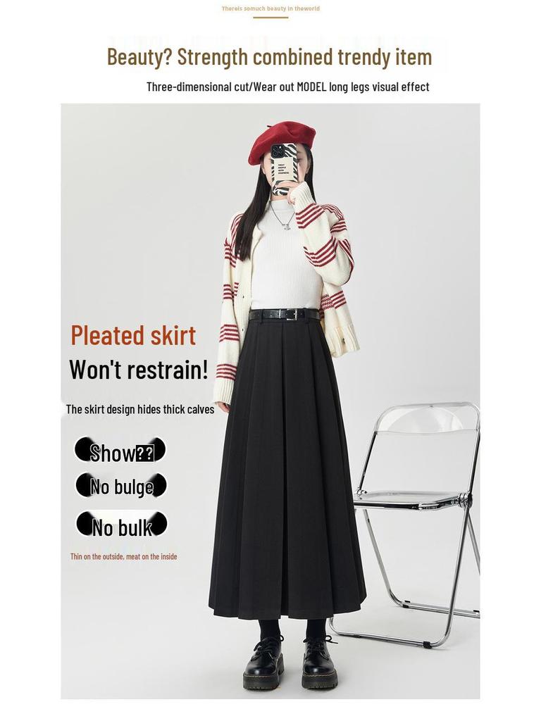 Autumn/Winter 2025 High-Waist Pleated A-Line Skirt - Slimming Woolen Mid-Length for Women