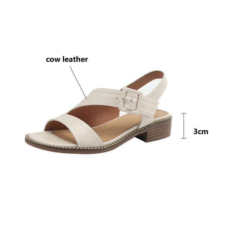 Fashion New Genuine Leather Summer Sandals Women Round Toe Shoes Chunky Heel Open Toe Back Strap Sandals for Women Cow Leather Sandals
