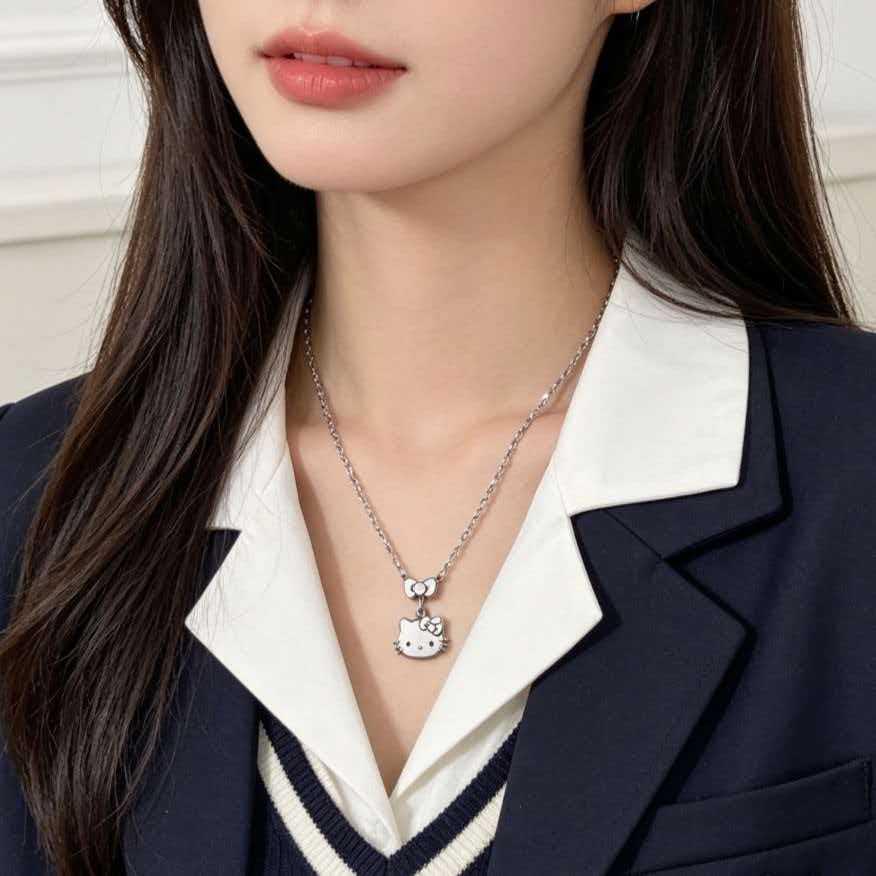 European Hello Kitty Two-Tone Gold & Silver Stainless Steel Pendant Necklace – Girly Versatile Accessory