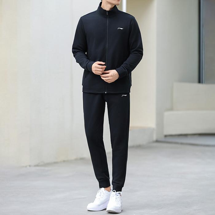 Li-Ning New Era Jednobarevný Zipový Stojáček Ležérní Svetr Tepláky Mikina Set Unisex Set Černá AWET033-1