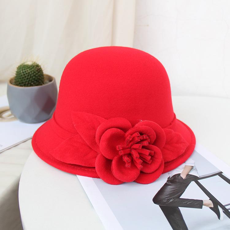 New Hat Women's Autumn and Winter British Woolen Woolen Pot Hat Fashion Flower Bucket Hat Warm Felt Top Hat