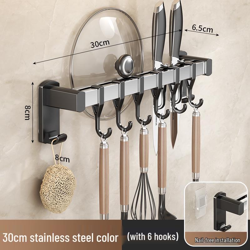 Black Traceless Adhesive Kitchen Storage Rack: Punch-Free Wall-Mounted Pot Lid, Knife Holder, Multi-Functional Hooks