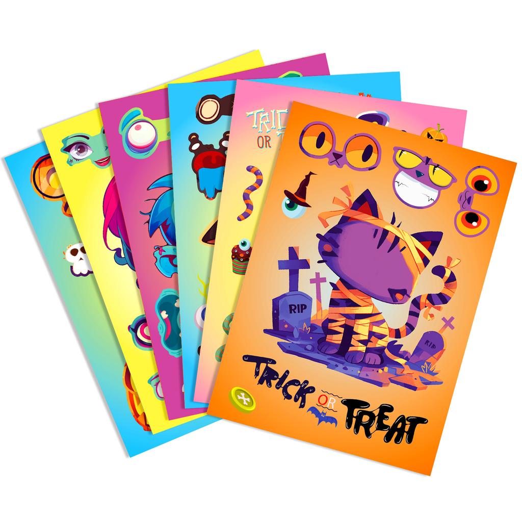 6PCS Pack Spooky Holiday Puzzle Stickers - DIY Facial Replacement Decorative Stickers Featuring Pumpkins Cats Skeletons Designed for Children Plus