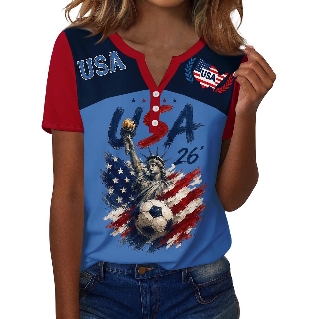 Women's Casual V-Neck Short Sleeve Button Down T-Shirt with Soccer Graphic Print