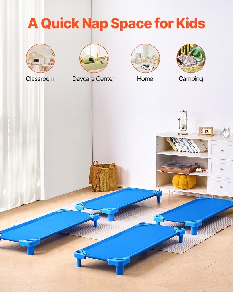 Stackable Kiddie Cot 52" X 23" Daycare Nap Cots for Kids Blue (Pack of 4)