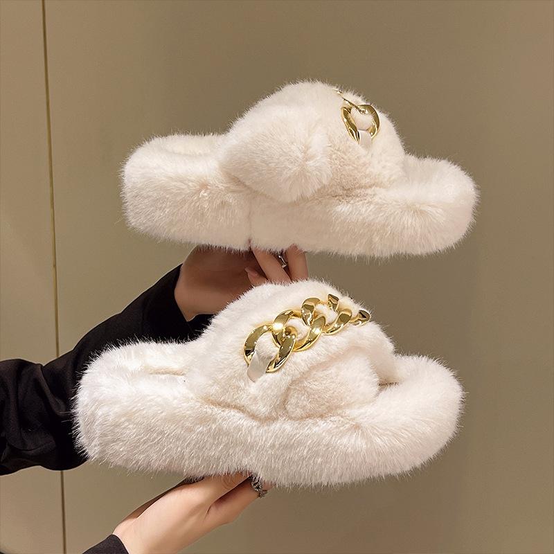 European goods heightened thick-soled fluffy slippers women wear high-end explosion spring and autumn chain Internet celebrity cross plush slippers