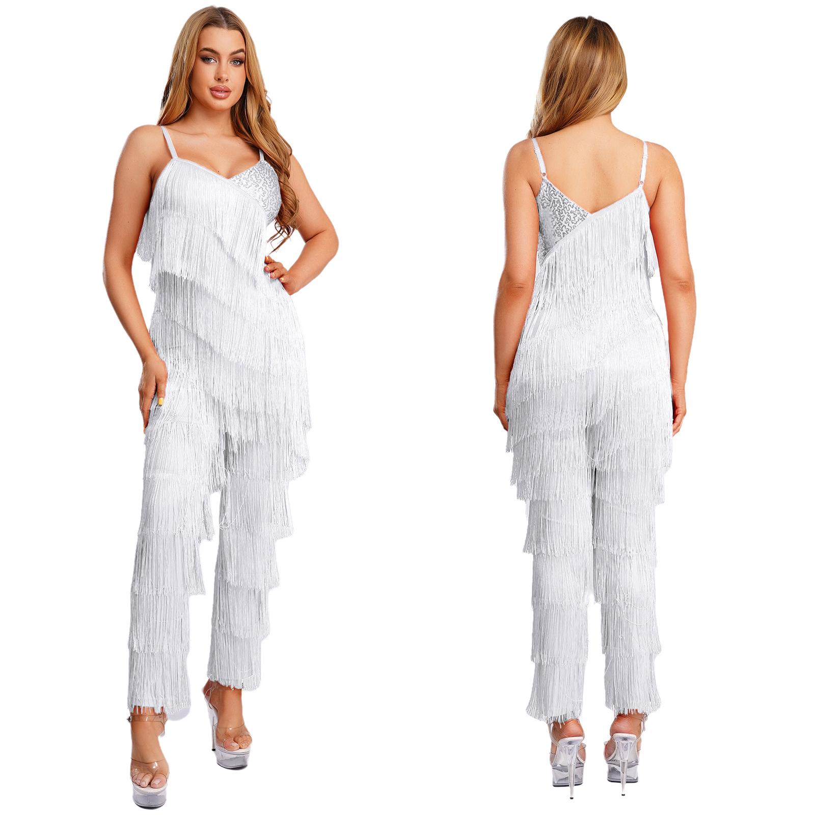 

Ladies Cha-Cha Salsa Dance Bodysuit S-XXL Sequin Fringe Tiered Tassel Cami Unitard Long Pants Jumpsuit for Latin Tango Ballroom S