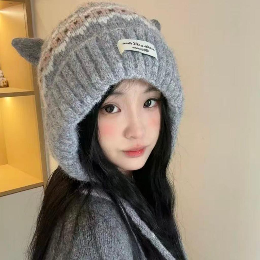 2025 new retro jacquard cat ears knitted hat women's winter velvet cold-proof ear protection cute warm wool hat