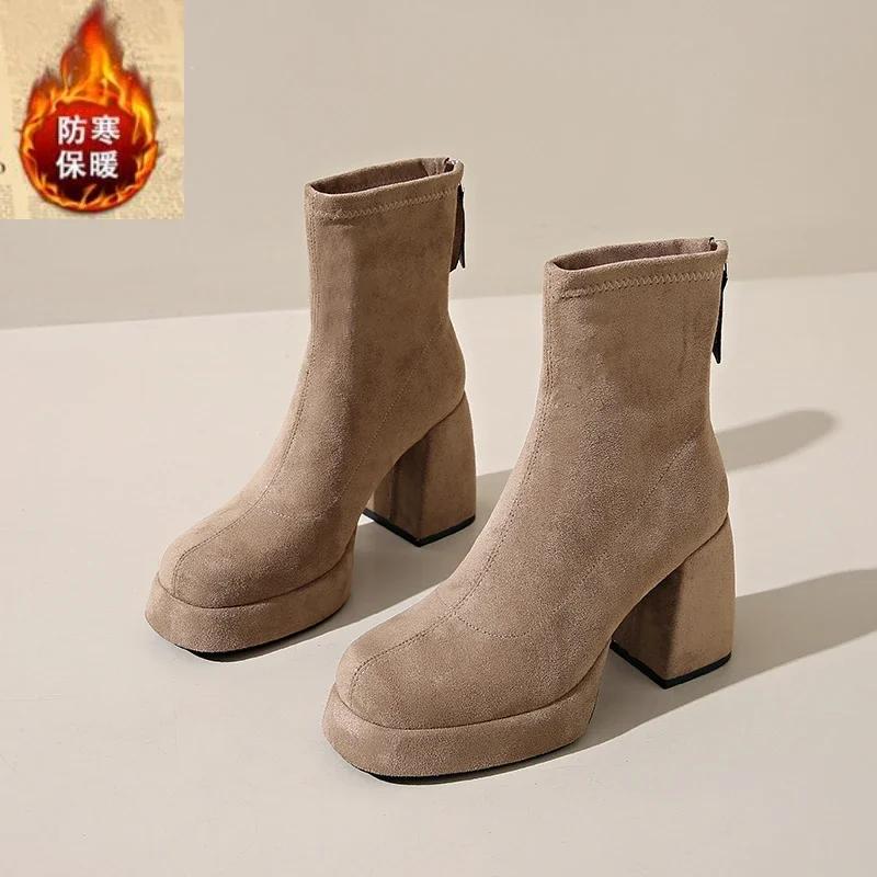 Fashion Suede Super High Heels Women Boots Ankle Chelsea Shoes New Winter Chunky Dress Shoes Party Elegant Pumps Goth Botas Mujer