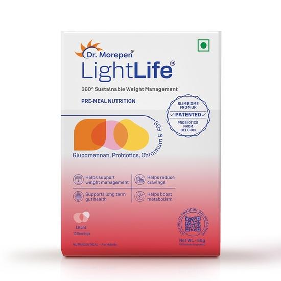 

Dr. Morepen LightLife Pre-Meal Nutrition Mix | Controls Appetite & Reduces Cravings | For Men & Women | 10 Sachets | Flavor-Litchi