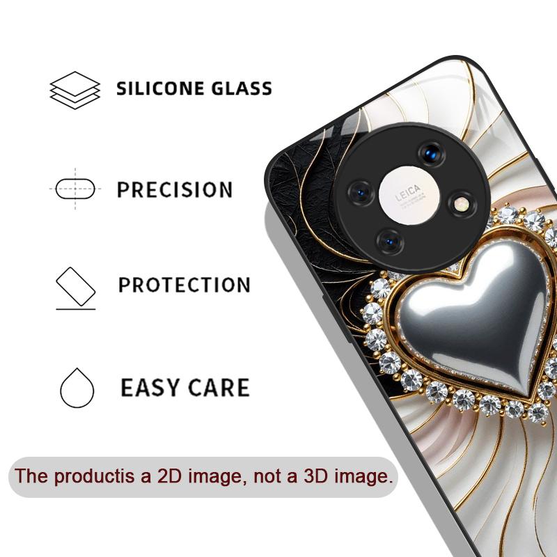 Stylish Black White Heart with Pearls Tempered Glass Phone Case for Huawei Nova 13 12 SE 11 10 Pro Mate 40 30 P60 P50 P40 Covers