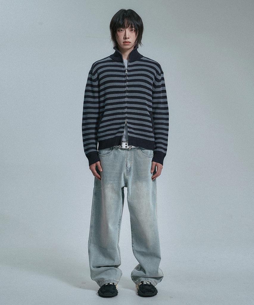 MOO Striped High-Neck Knit Zip-Up - Navy