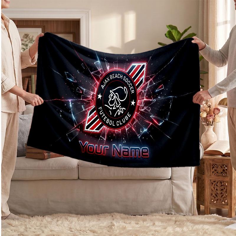 Coperta in Pile Personalizzata Ajax Amsterdam con Logo Calcio, Testo Nome Personalizzato Morbida Calda Coperta da Divano per la Casa