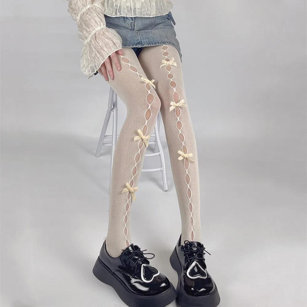 

Sweet Cute Lace Women Tights Bowknot Hollow Out Mesh Fishnet Thigh High Soft Stockings Women Jk Lolita Girls Tights Pantyhose One Size