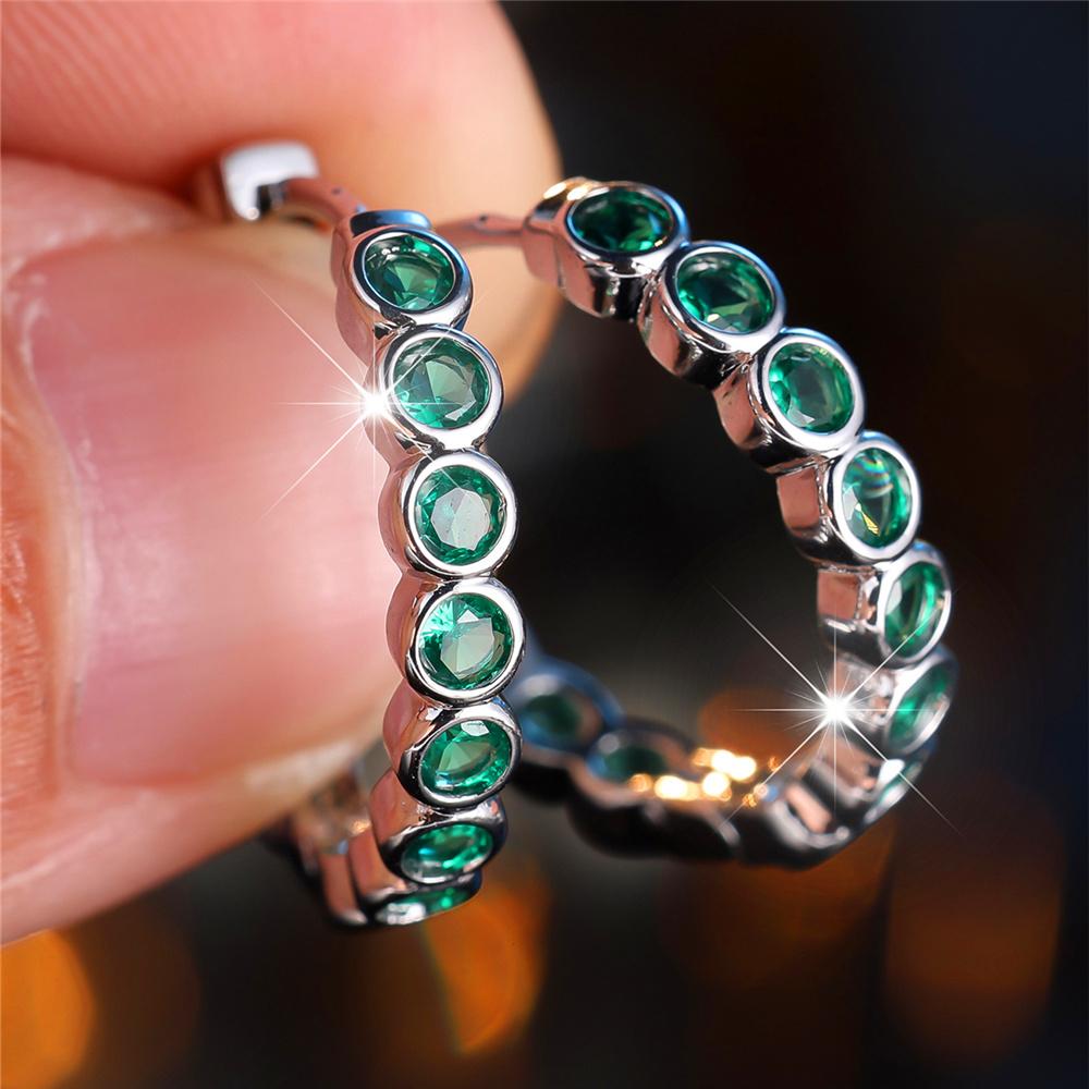 Kristall Grün Blau Schwarz Lila Runde Zirkonstein Creolen für Damen Weiblich Silberfarbe Hochzeits Schmuck