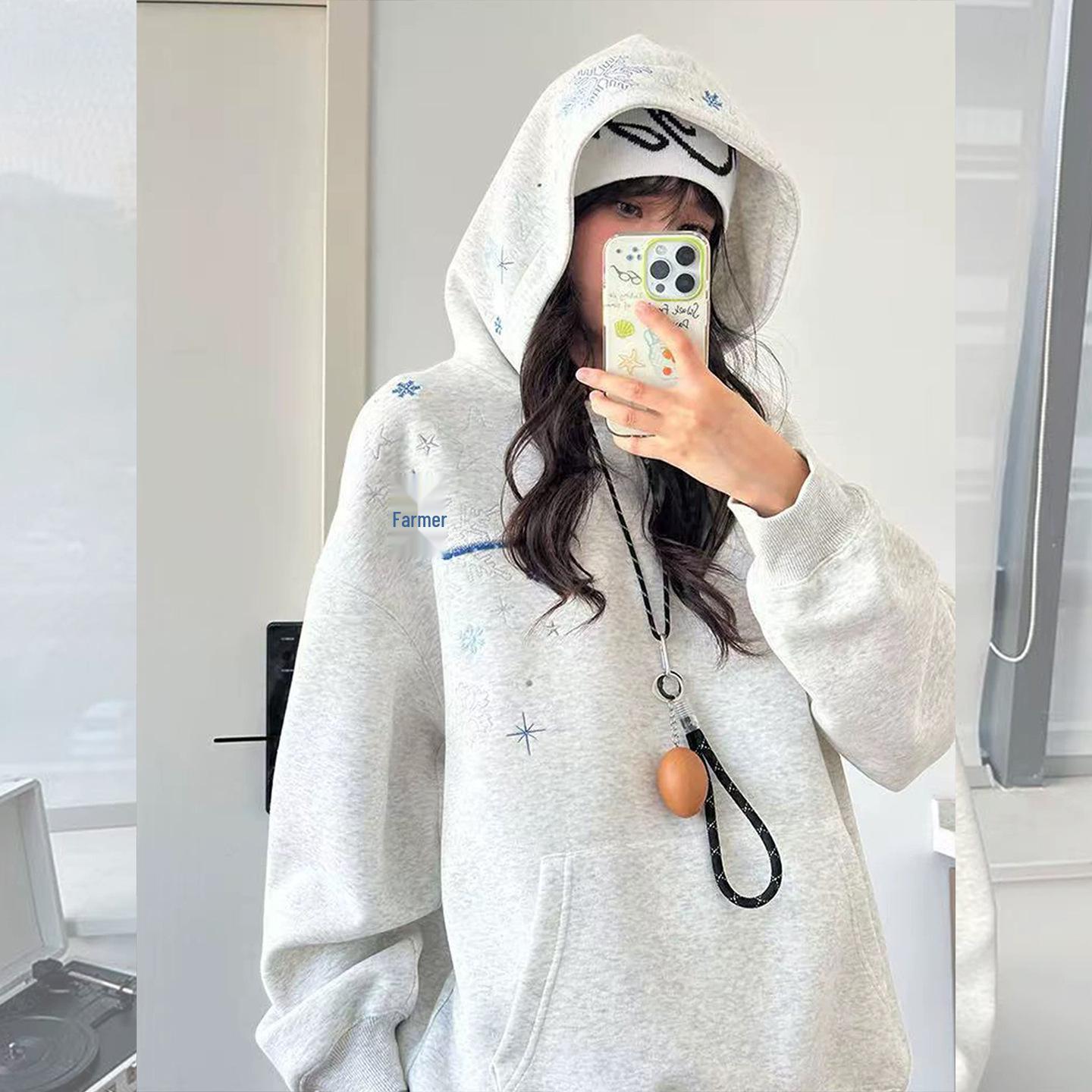 Unisex 2025 Autumn/Winter American Snowflake Embroidered Hoodie - Plush, Loose, High-End Feel. XXL