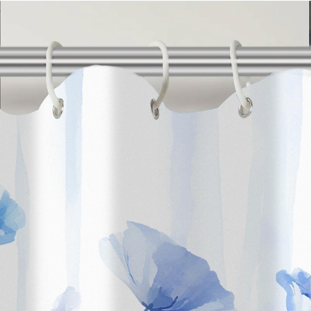 Blue Floral Peva Shower Curtain - Thickened, Non-Hole Design, Easy Install, Includes 12 Hooks, Elegant Bathroom Decor