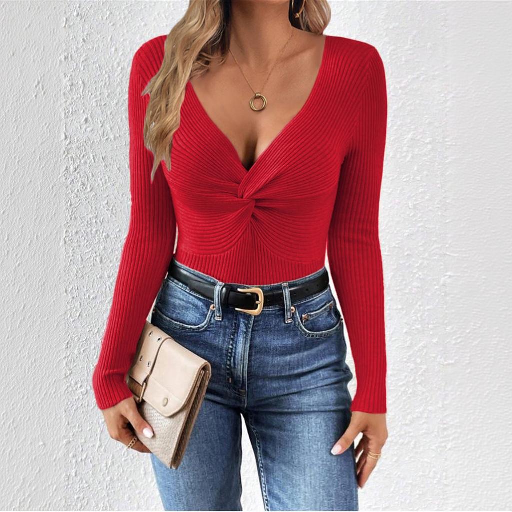 Women V Neck Twist Knot Knit Sweater Long Sleeve Slim Fit Casual Pullover Top Stretchy Soft Fabric