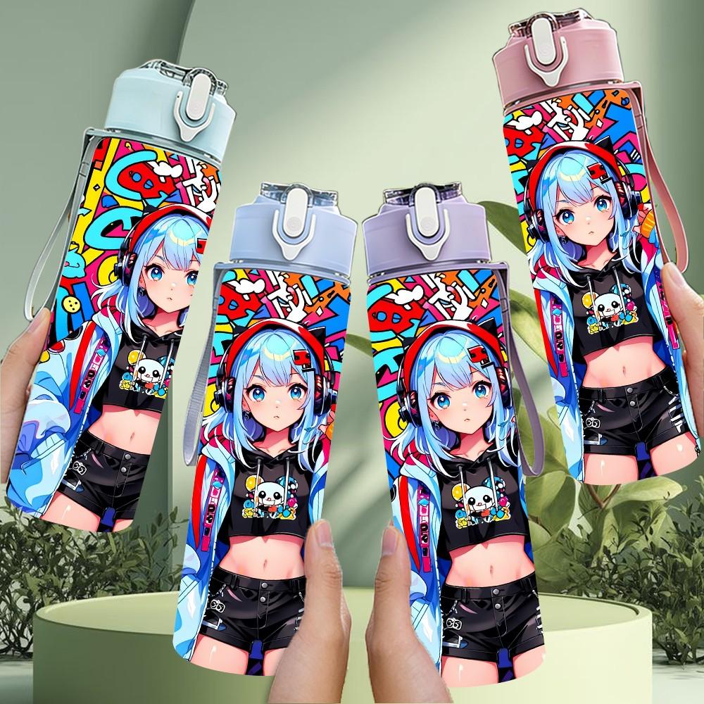 1PC Futuristic Cyber Girl Anime Character Art 750ml Color Plastic Sports Water Bottle Leakproof Flip Straw Lid Suitable for Sports Office Home Use